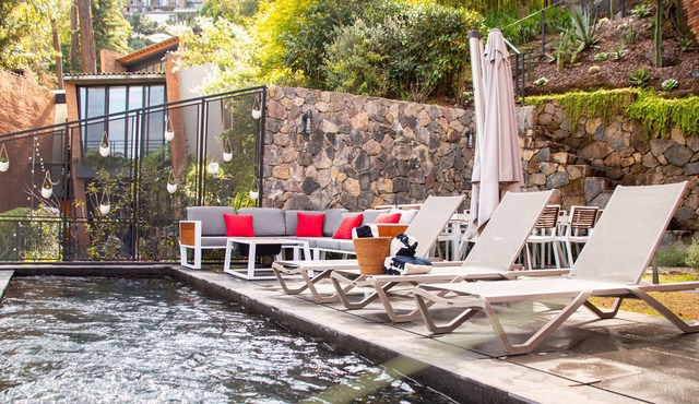 Fireplace, heated infinity pool and jacuzzi with lake views.